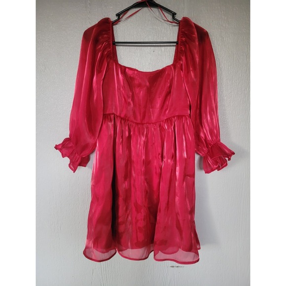 Miss Babydoll Dresses & Skirts - Red Babydoll Minidress Sheer Puff Sleeves Ruffled Cuffs Square Neckline Medium